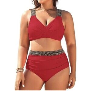 Tempt Me Women's Plus High Waisted Two Piece Bikini Set Red Size 14W NWT